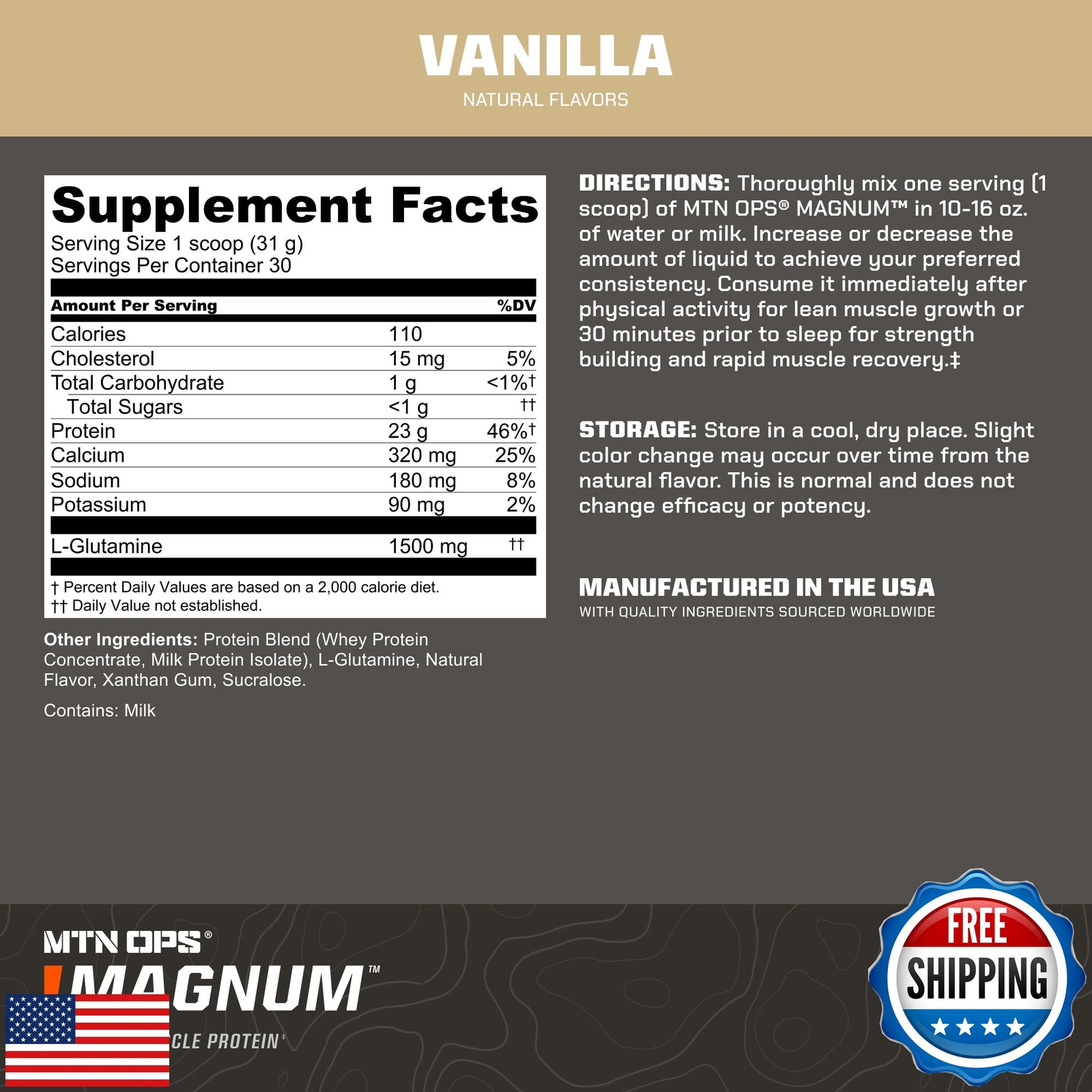 MTN OPS Magnum Vanilla Protein Powder, 23g of Whey Isolate Protein and Milk P