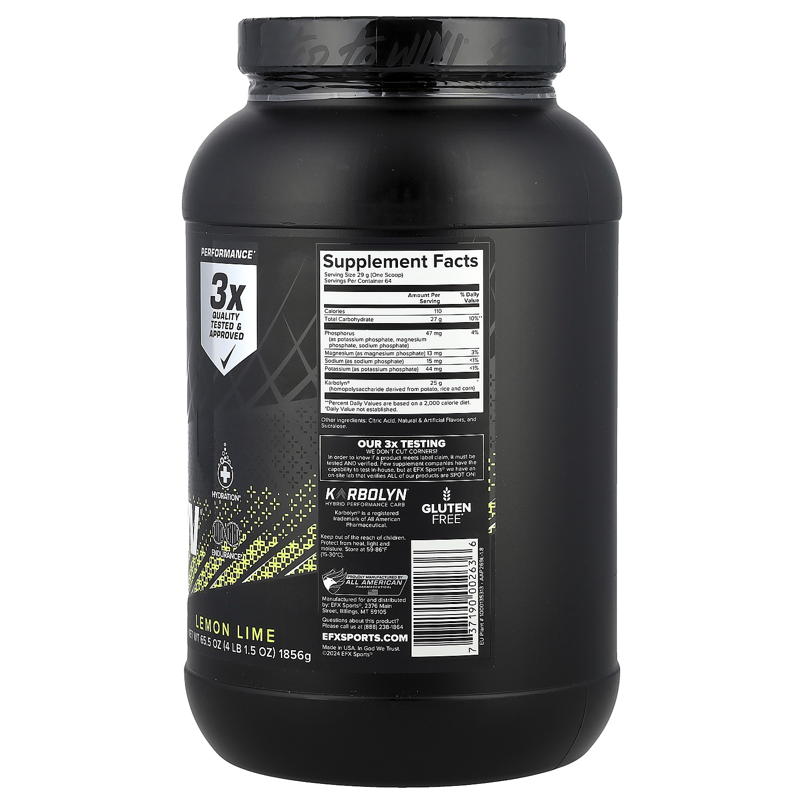 EFX Sports Karbolyn Hydrate Lemon Lime 65 5 oz 1856 g Gluten-Free, Informed