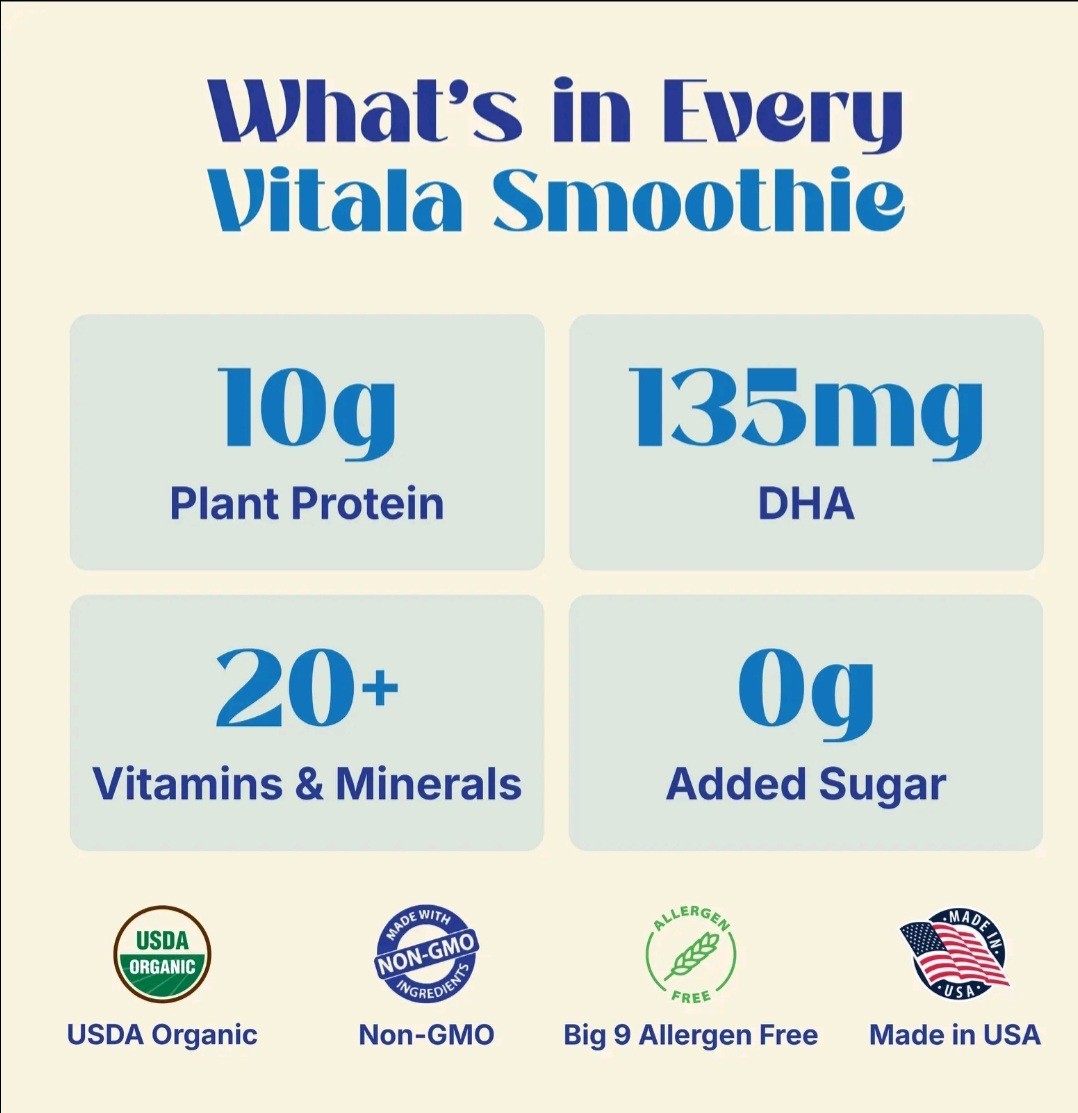 Vitala Organic Protein Smoothie | 10g Protein, 135mg DHA, USDA Organic | 10-Pack