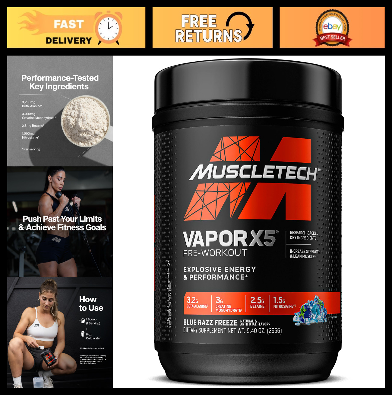 Pre-Workout Powder Blue Razz Freeze 266g | Energy Drink Mix for Muscle Pump & En