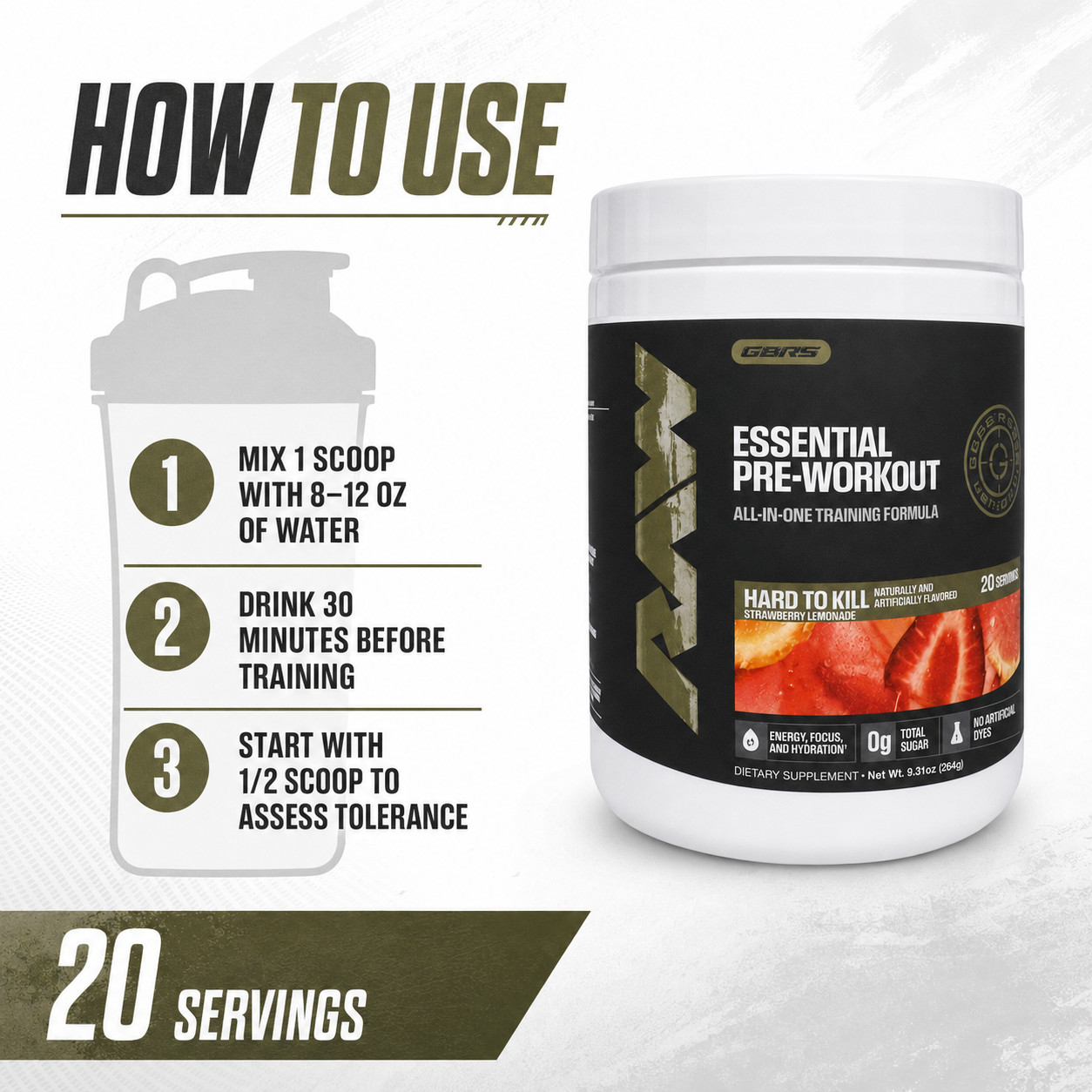 RAW x GBRS Essential Pre-Workout Hard to Kill Strawberry Lemonade Exp 06/2028