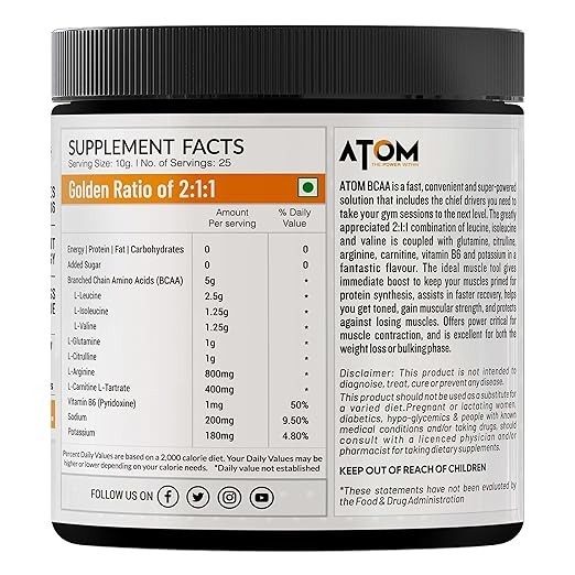 AS-IT-IS ATOM BCAA 250g with L-arginine,L-Carnitine,L-Citrulline Energy Burst&At