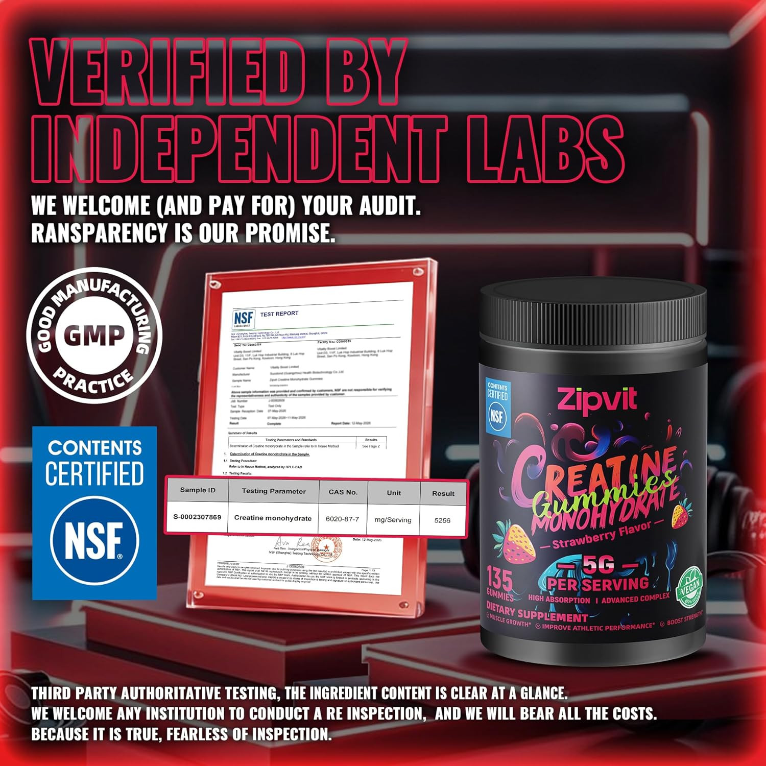 Creatine Monohydrate Gummies, NSF Certified Creatine Gummy, 5G Dose for Men & Wo