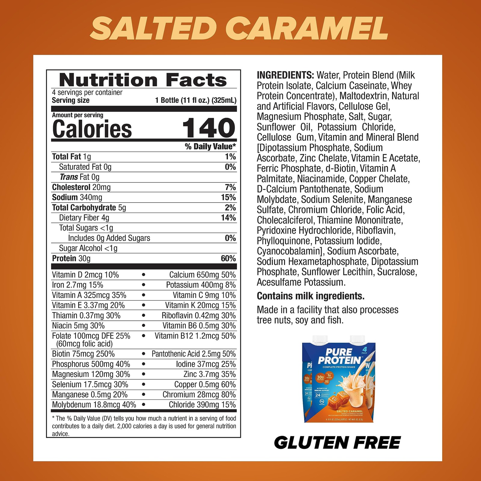 Pure Protein Salted Caramel Shake, 11 Fl Oz (Pack of 12),
