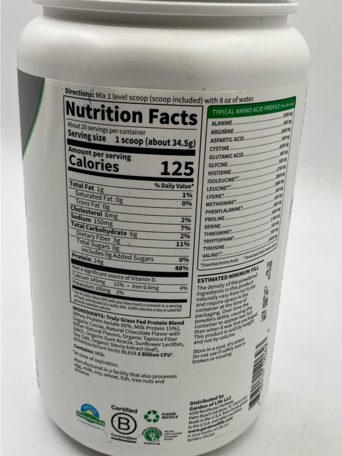 Garden of Life Sport Grass Fed Whey Protein Chocolate Certified Organic 24.3oz