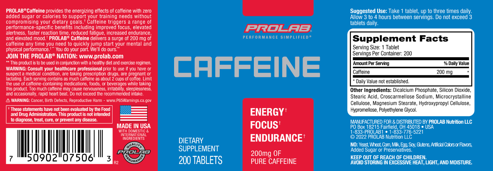 Prolab Caffeine Tablets 200mg – 200ct. | Energy Support, Helps Enhance Endurance