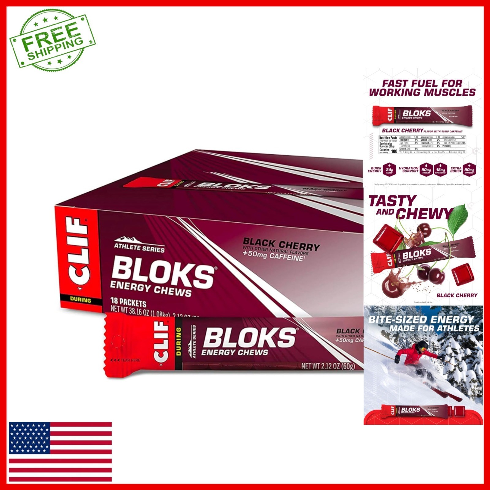 Clif Bloks Energy Chews Black Cherry Flavor 18 Packs with Caffeine