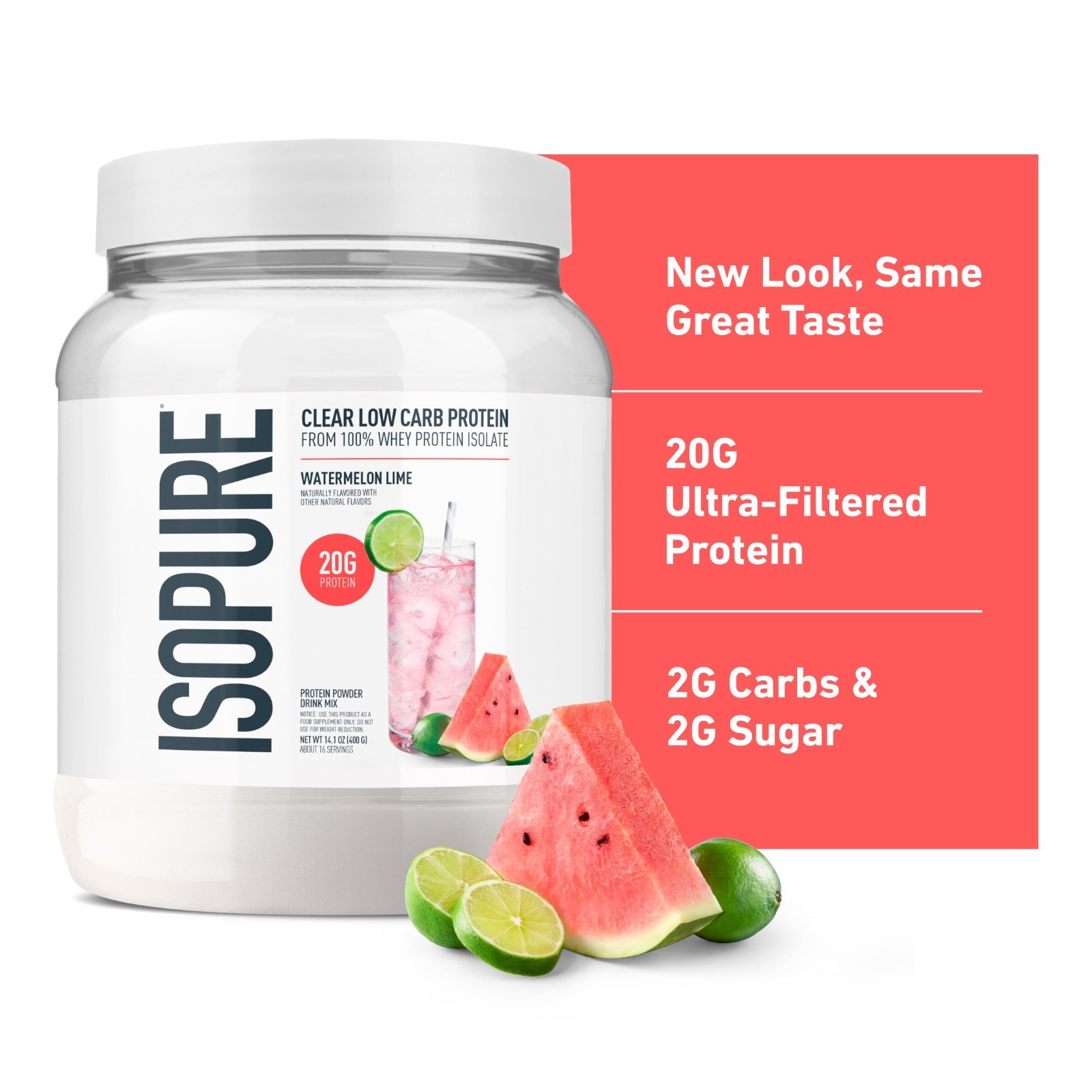 Isopure Clear Low Carb 100% Whey Protein Isolate Powder, 20g Protein,16 Servings