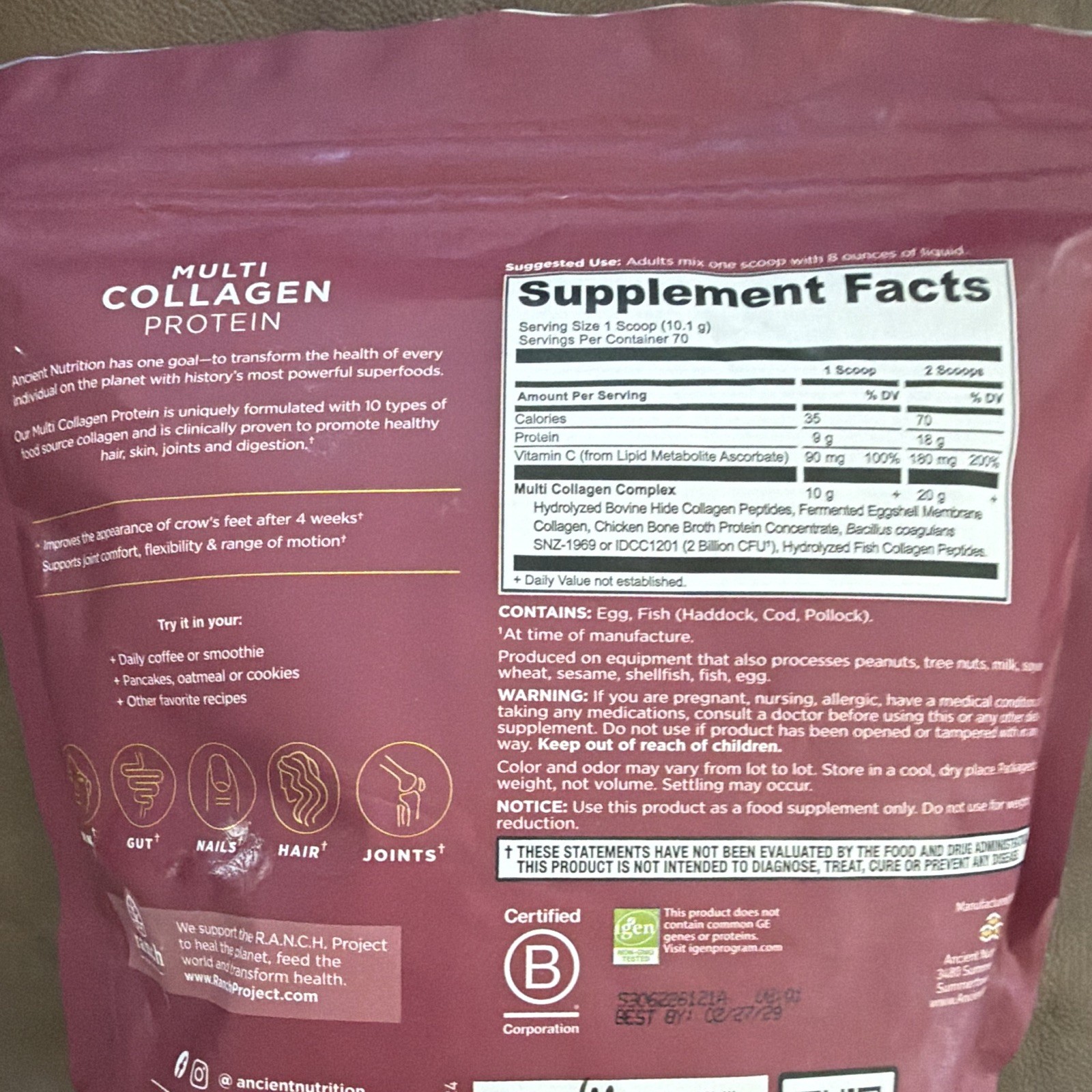 Ancient Nutrition Multi Collagen Protein Powder Unflavored 24.9 oz Grass Fed
