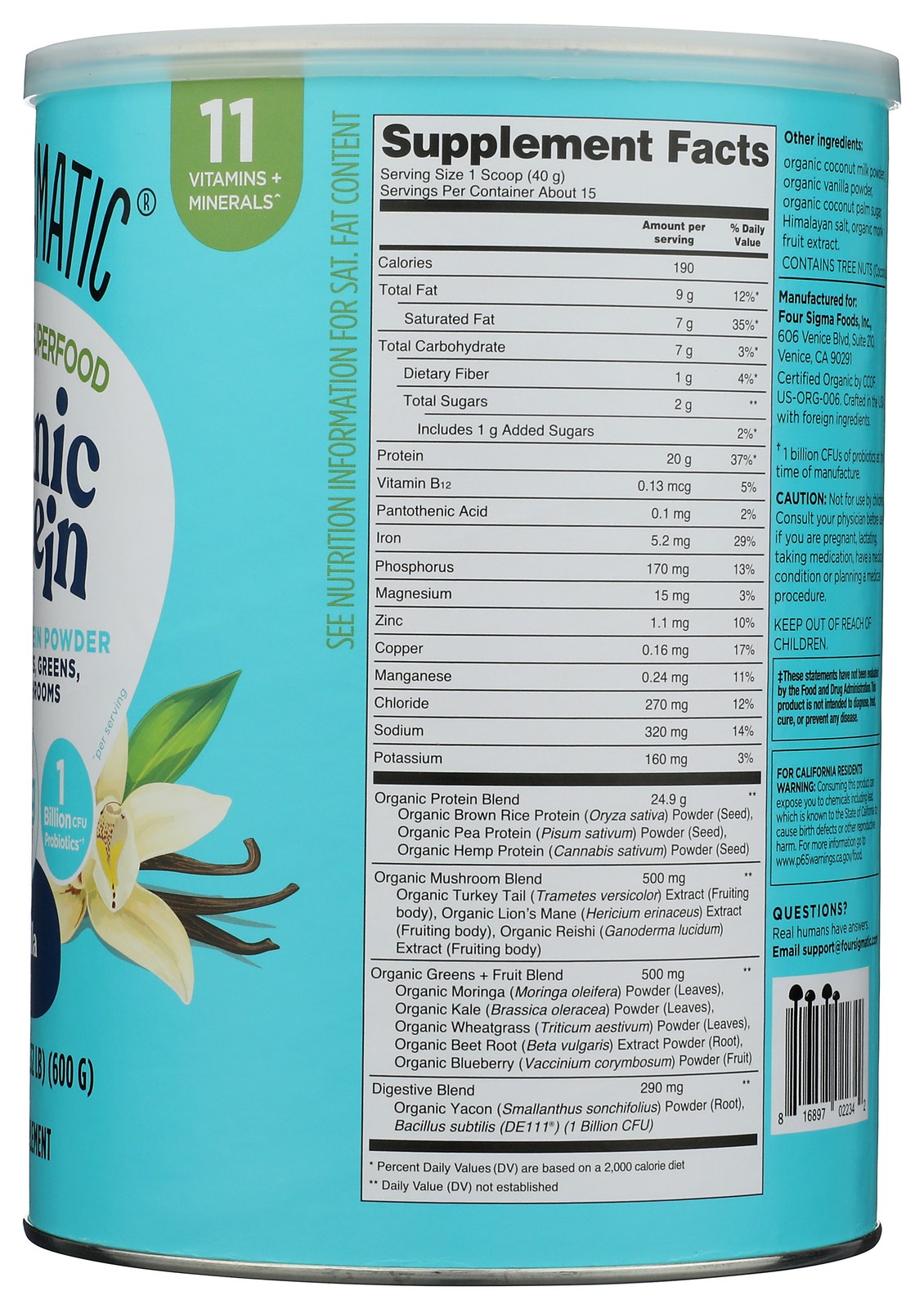 Four Sigmatic Vanilla Organic Protein Powder Plant-Based Dietary 21.16 Oz 1 Pack