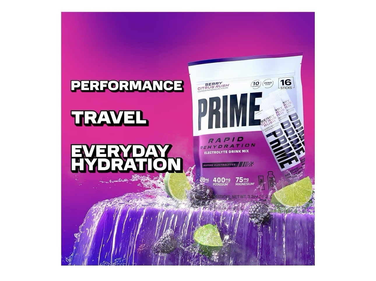 Prime Rapid Rehydration Electrolyte Drink Mix Berry Citrus Rush 16 Sticks New