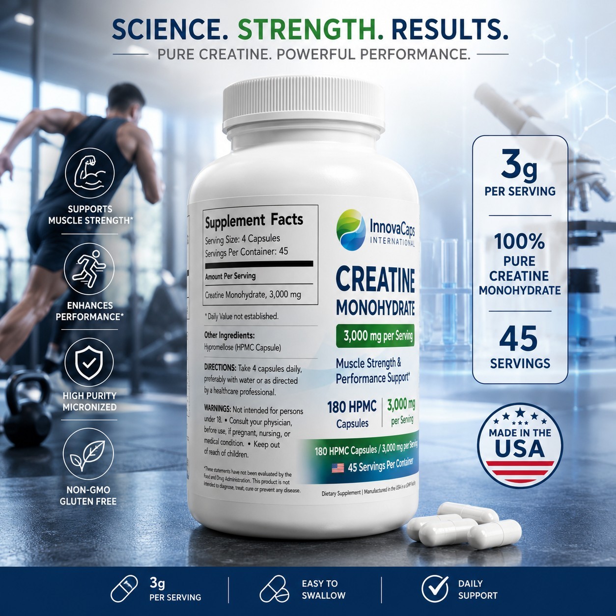 InnovaCaps International Creatine Monohydrate Capsules 3000mg 180 Non-GMO
