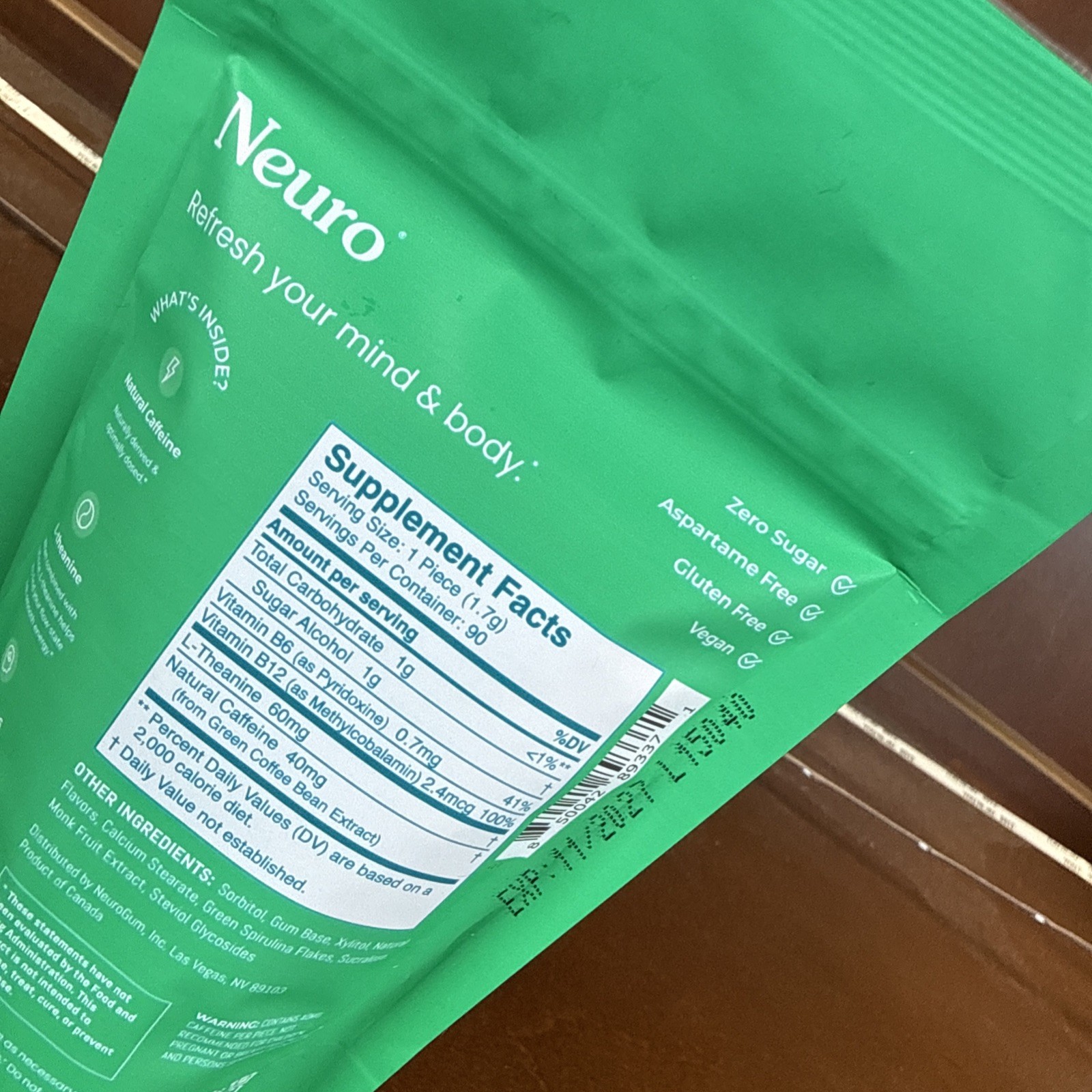 Neuro Energy & Focus Gum – 40mg Natural 90 Count (Pack of 1), Spearmint