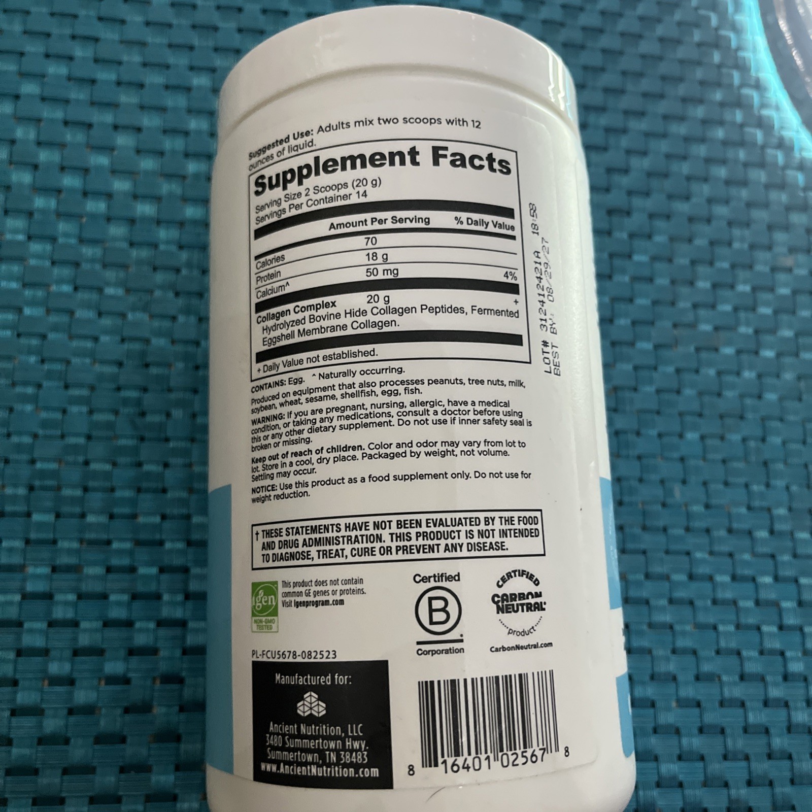 Ancient Nutrition Collagen Peptides Unflavored 9.88oz ea (Exp. 8/27)