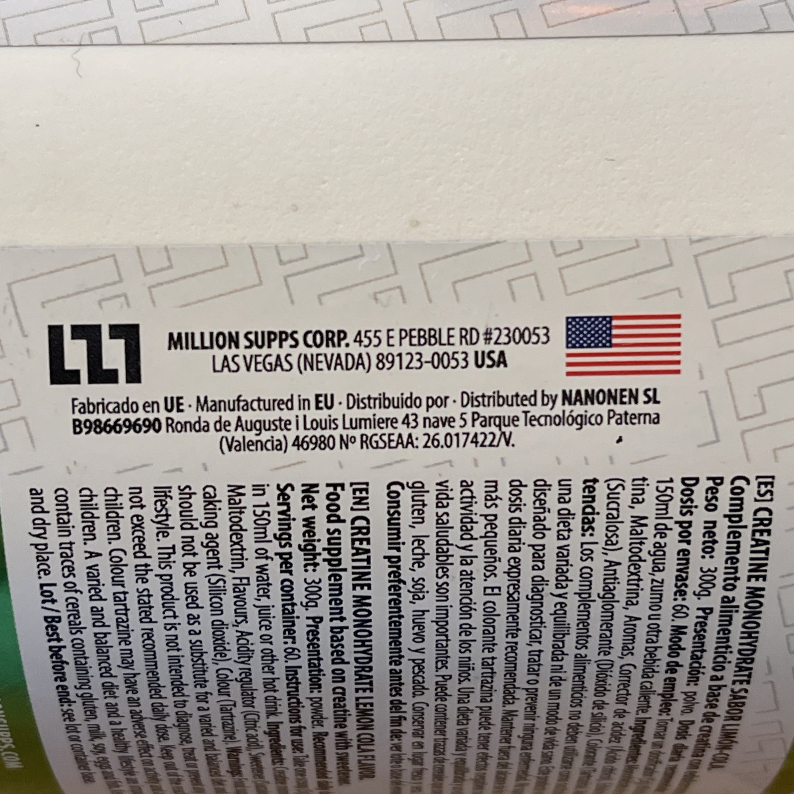 MILLION SUPPS 100% Micronized Creatine Monohydrate 10.58oz (LEMON COLA) New!
