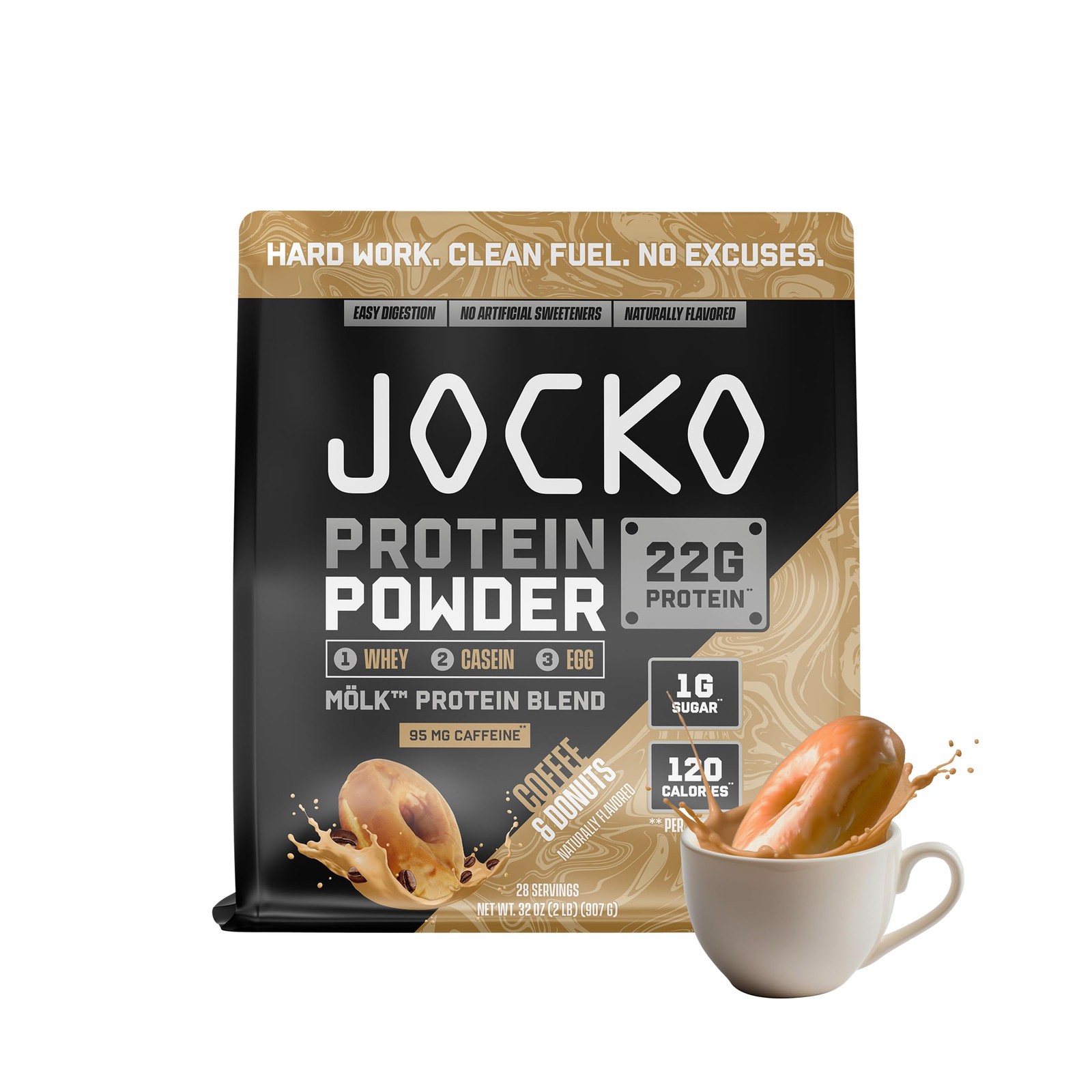 Jocko Fuel Whey Protein Powder, Coffee & Donuts, 22g Protein, Digestive Enzym…