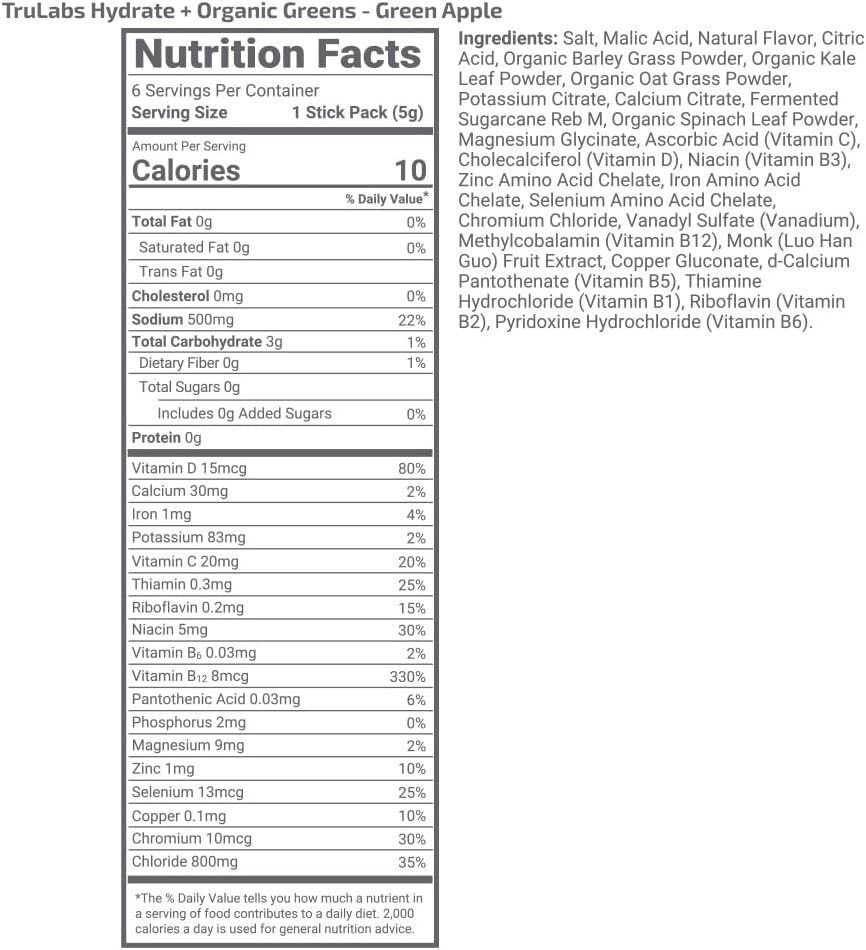 TRULABS Hydrate + Organic Greens 6ct. Sugar Free Electrolytes Hydration Packets
