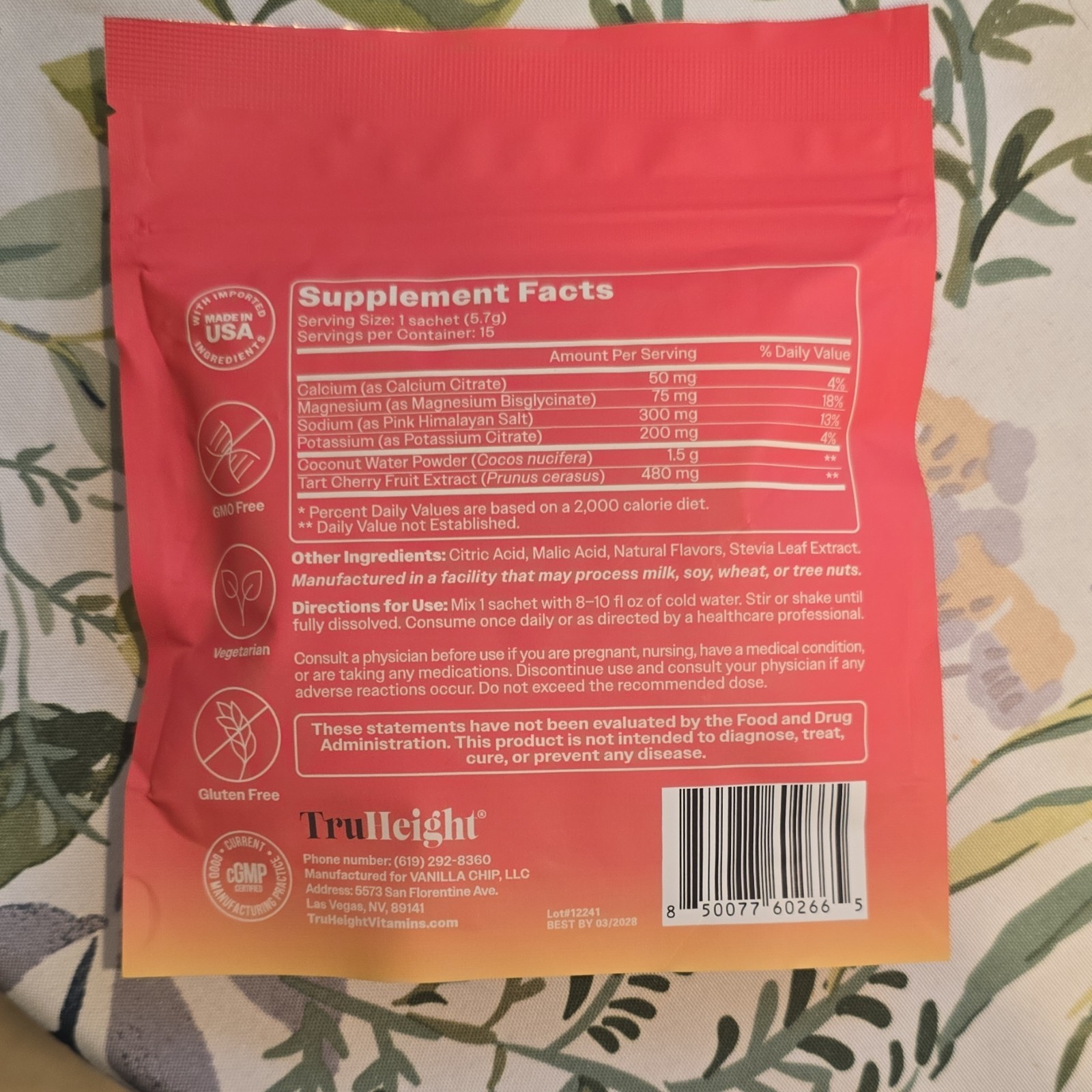 TruHeight Electrolyte Hydration Mix Pink Lemonade 15 Stick Packs 3.0 oz