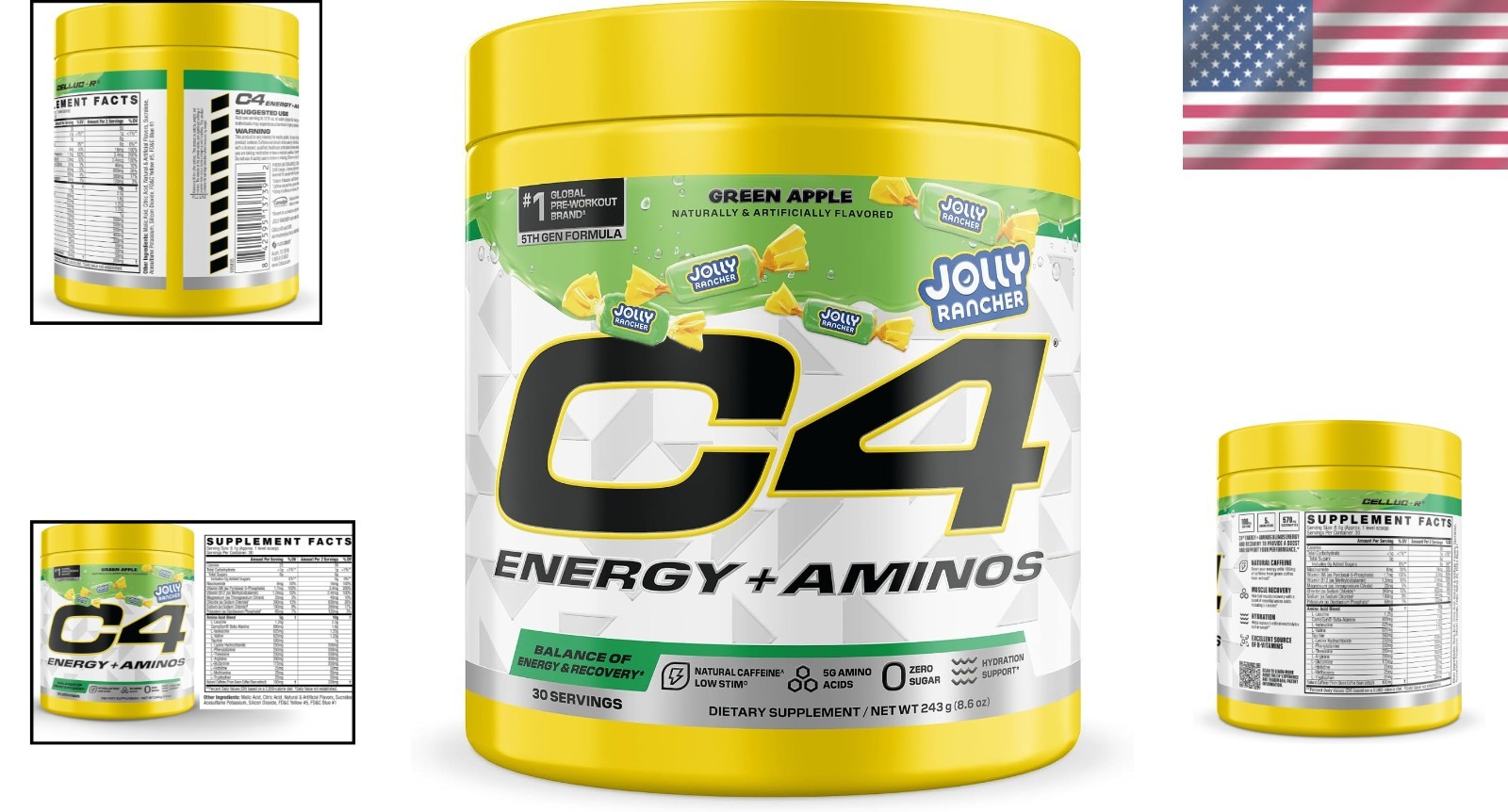Energy and Aminos Powder 5g BCAAs EAAs Jolly Rancher Green Apple Zero Sugar 3…