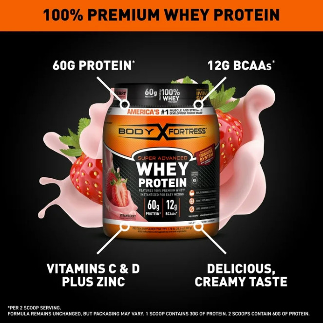 2P Body Fortress Super Advanced 100% Premium Whey Protein Powder, Strawberry,60g