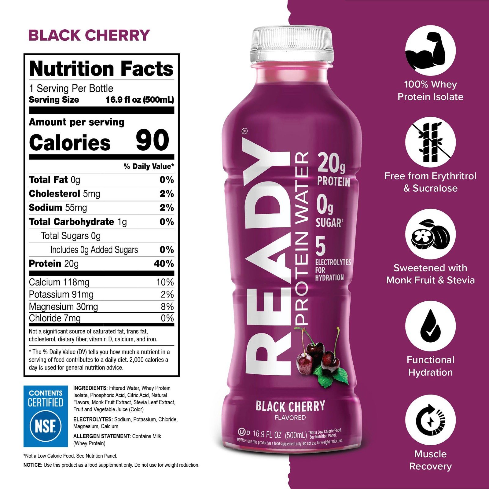 Ready Protein Water Black Cherry 16.9oz 12-Pack 20g Protein Zero Sugar Low-Calor