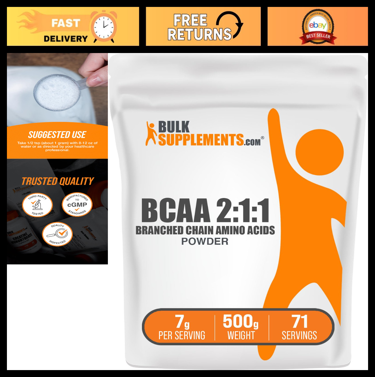 BCAA 2:1:1 Powder – Unflavored Branched Chain Amino Acids, Gluten Free, 500g