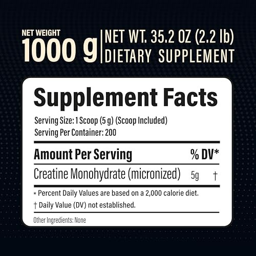 Creatine Monohydrate Powder 1000g 200 Servings Micronized Unflavored