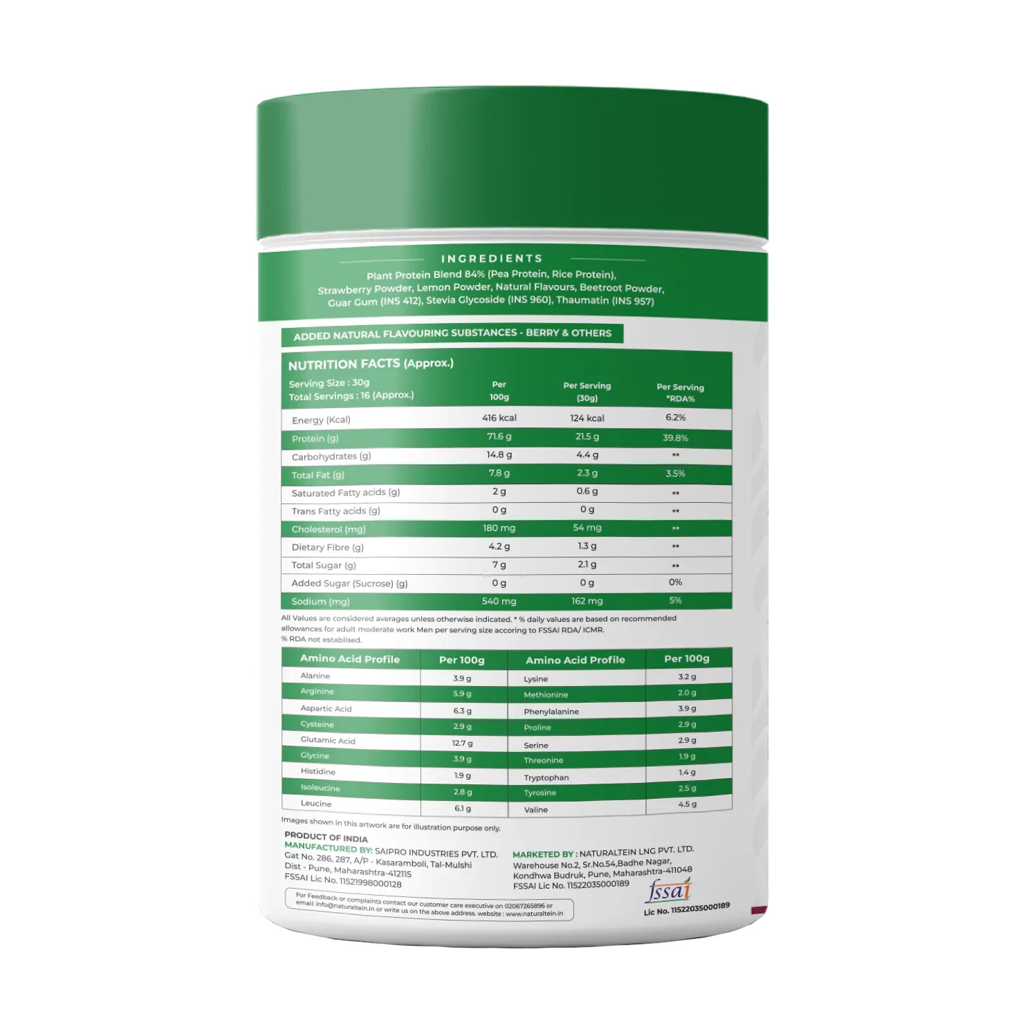 NATURALTEIN – 100% Natural Plant Protein – Berry (21.5 G Protein)