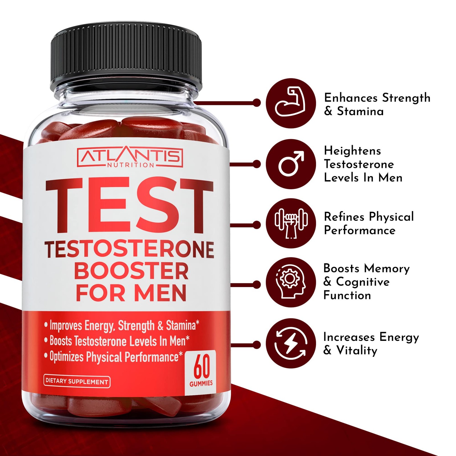 Atlantis Nutrition Testosterone Booster For Men Gummies 60 Count (Pack of 1)