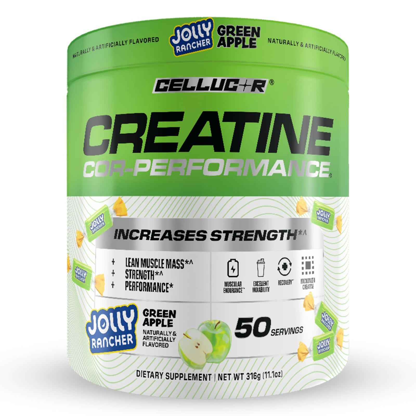 Creatine Powder – Jolly Rancher Green Apple Flavor, Boost Strength & Endurance,