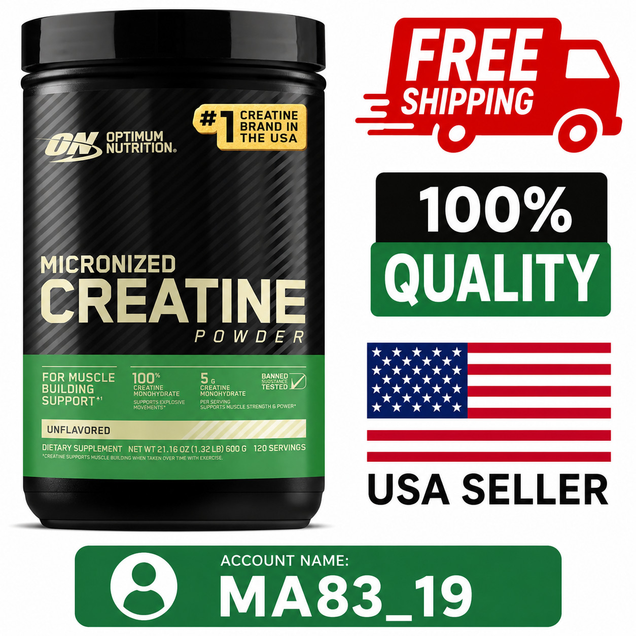 Optimum Nutrition Creatine Powder 600g 120 Servings Free Shipping