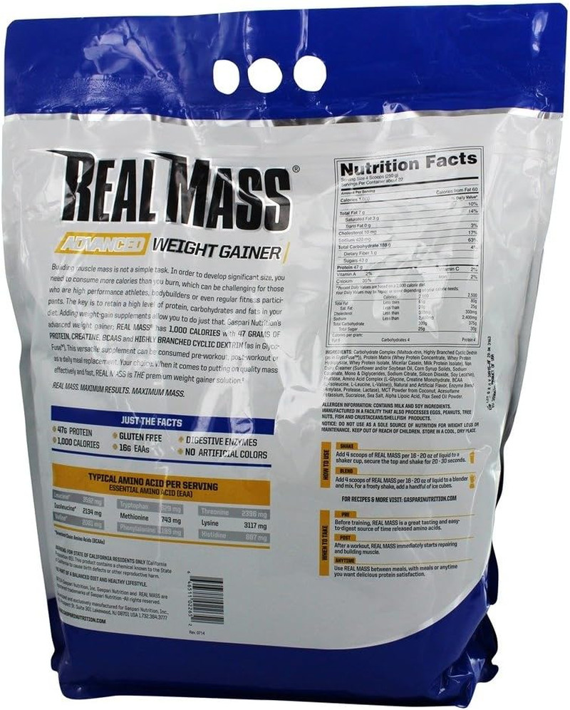Real Mass: Advanced Weight Gainer, Protein and Complex Carb Blend, 50G Protein,