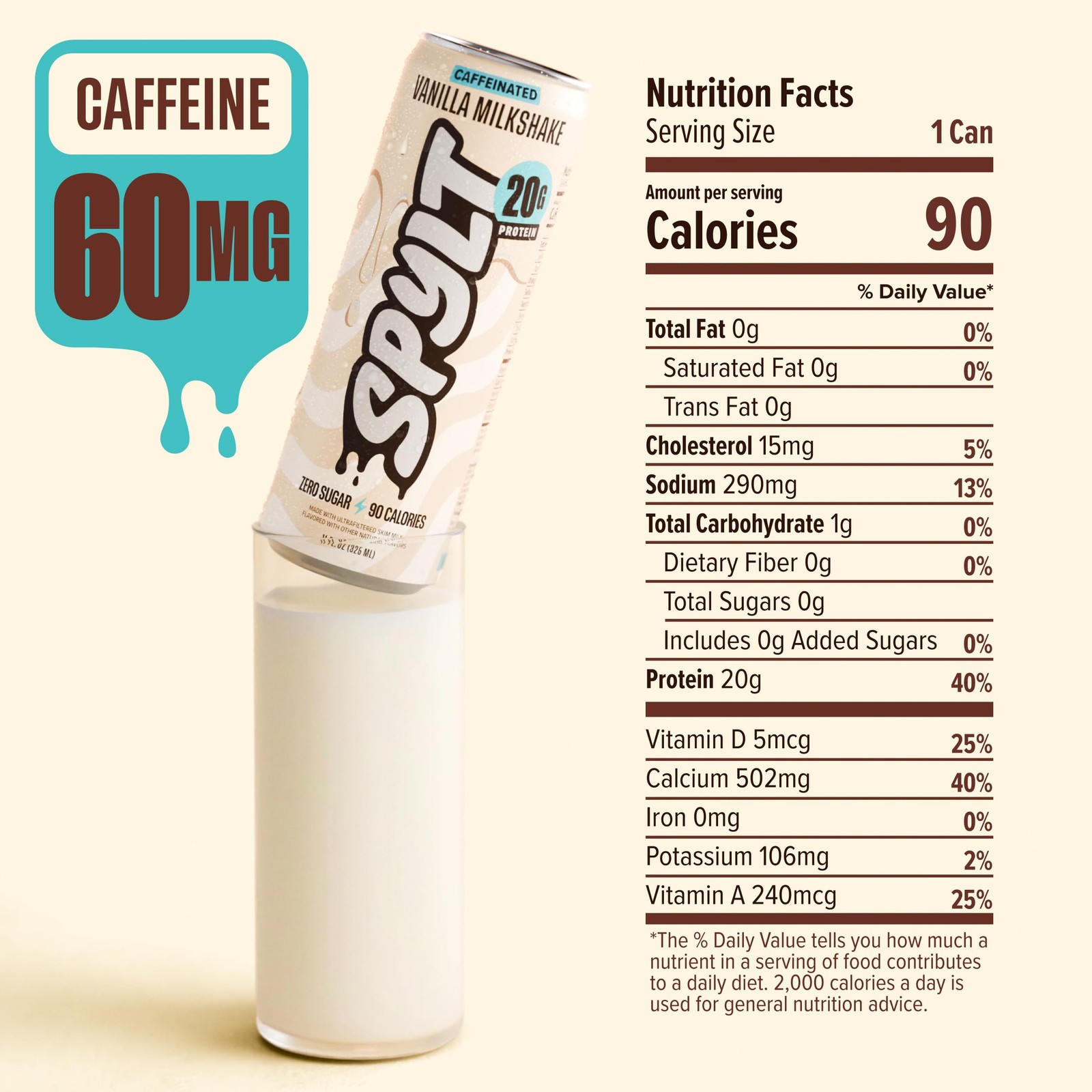 Spylt High Protein Vanilla Milkshake with 60mg Caffeine 132 Fl Oz (Pack of 1)