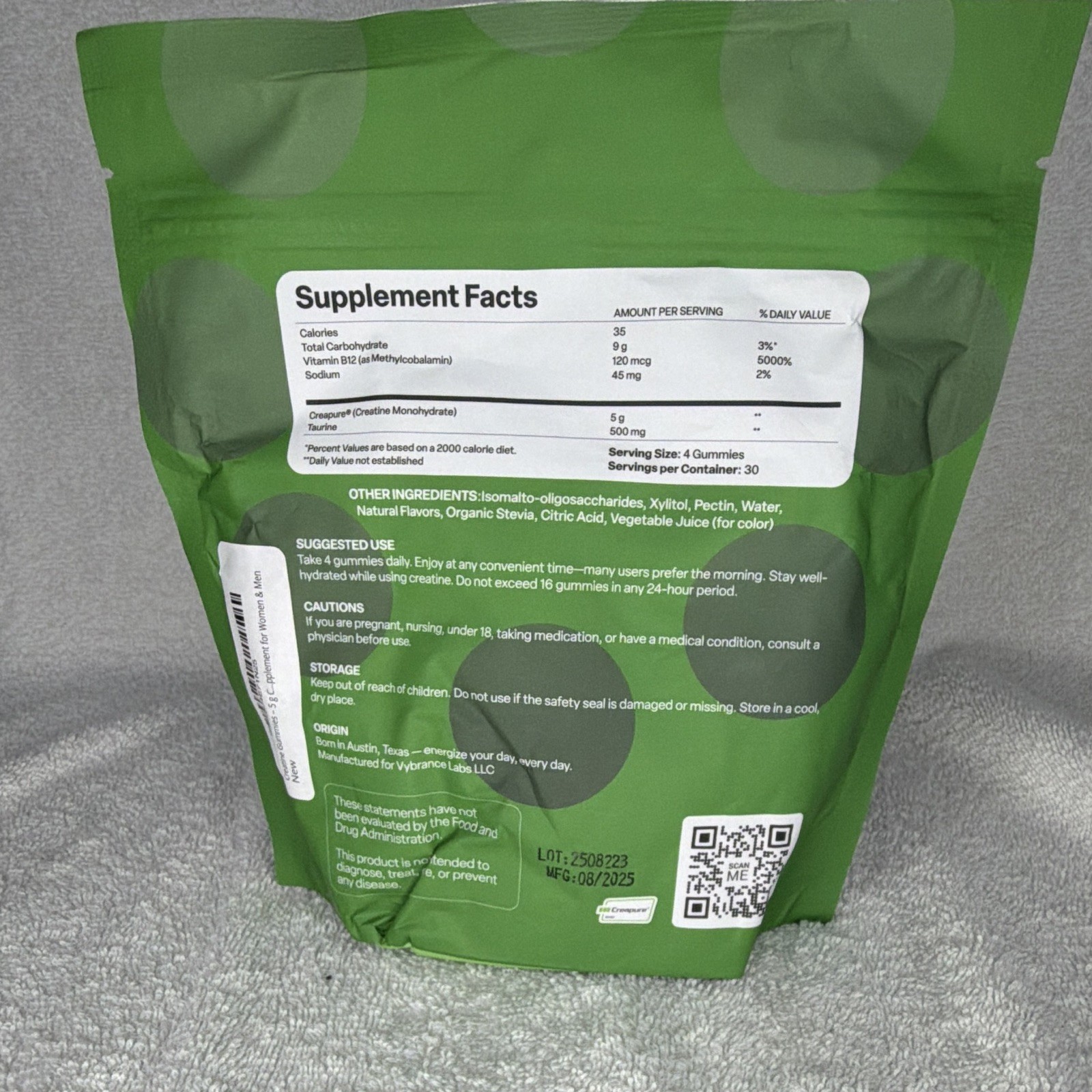 Vybrance Labs Creatine + Taurine Gummies Green Apple Vegan Sugar-Free 120