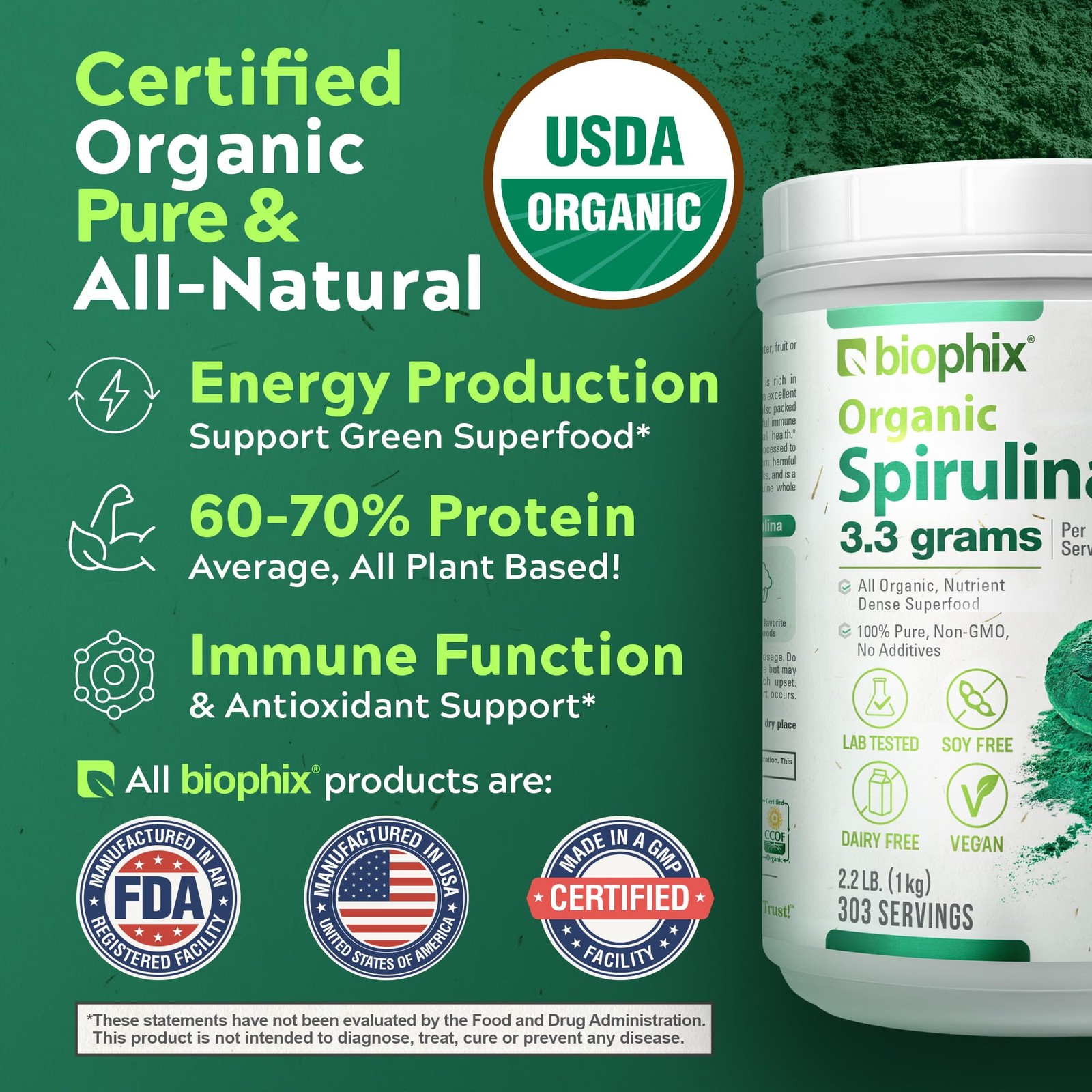 biophix Organic Spirulina Powder, 2.2 Lbs 100% Pure 35.2 Ounce (Pack of 1)