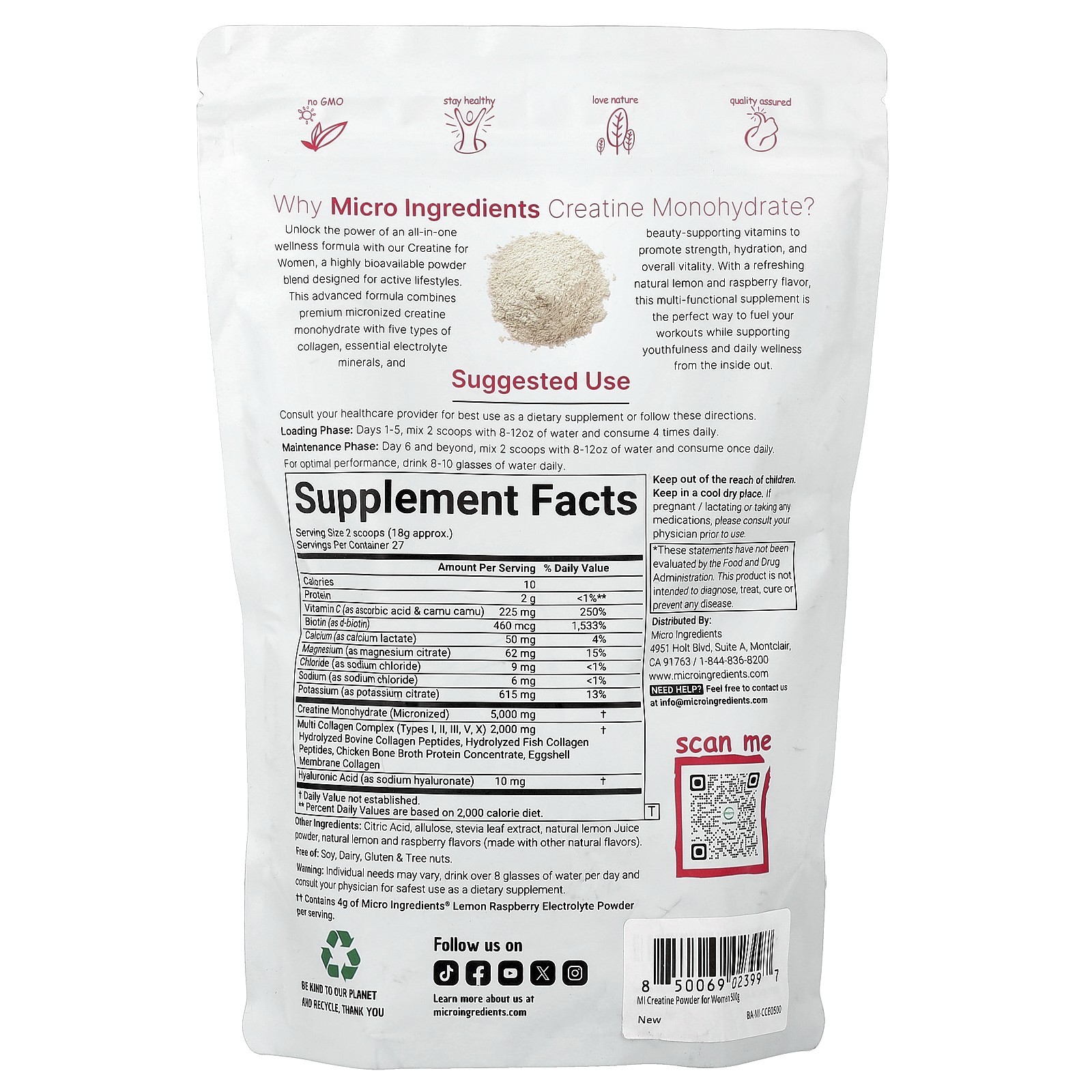Creatine Monohydrate For Women, Lemon & Raspberry, 1.1 lb (500 g)