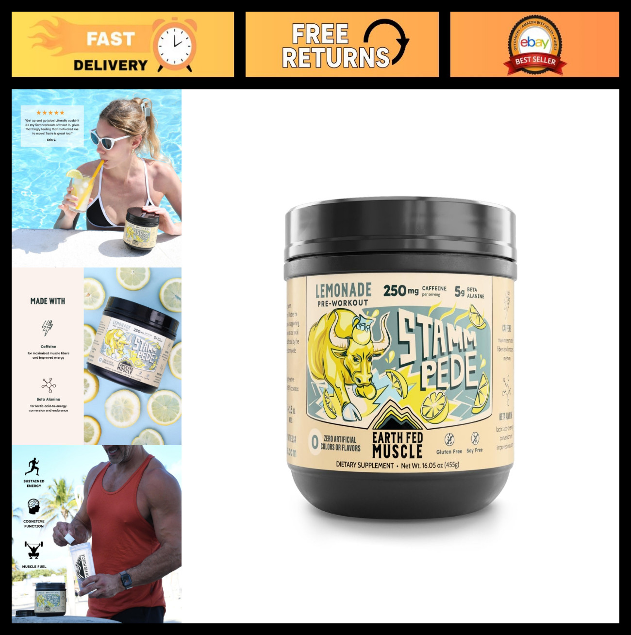 Lemonade Pre Workout Supplement – 250mg Caffeine, 5g Beta Alanine, Citrulline, 2