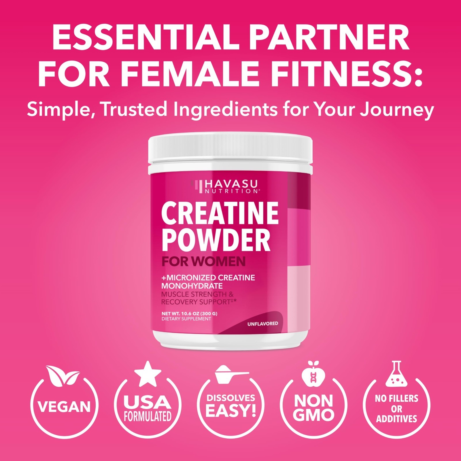 Unflavored Creatine Monohydrate for Women – 300g, Energy & Muscle Support, Vegan