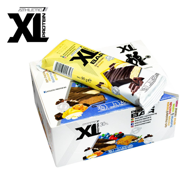 ATHLETIC XL PROTEIN BAR 90g – Box of 8 Bars Dark Chocolate and Banana
