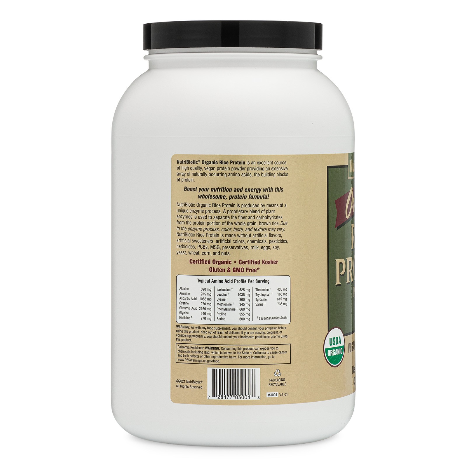 NutriBiotic Organic Rice Protein, Plain Protein Powder 3 Lb. (1.36 Kg)