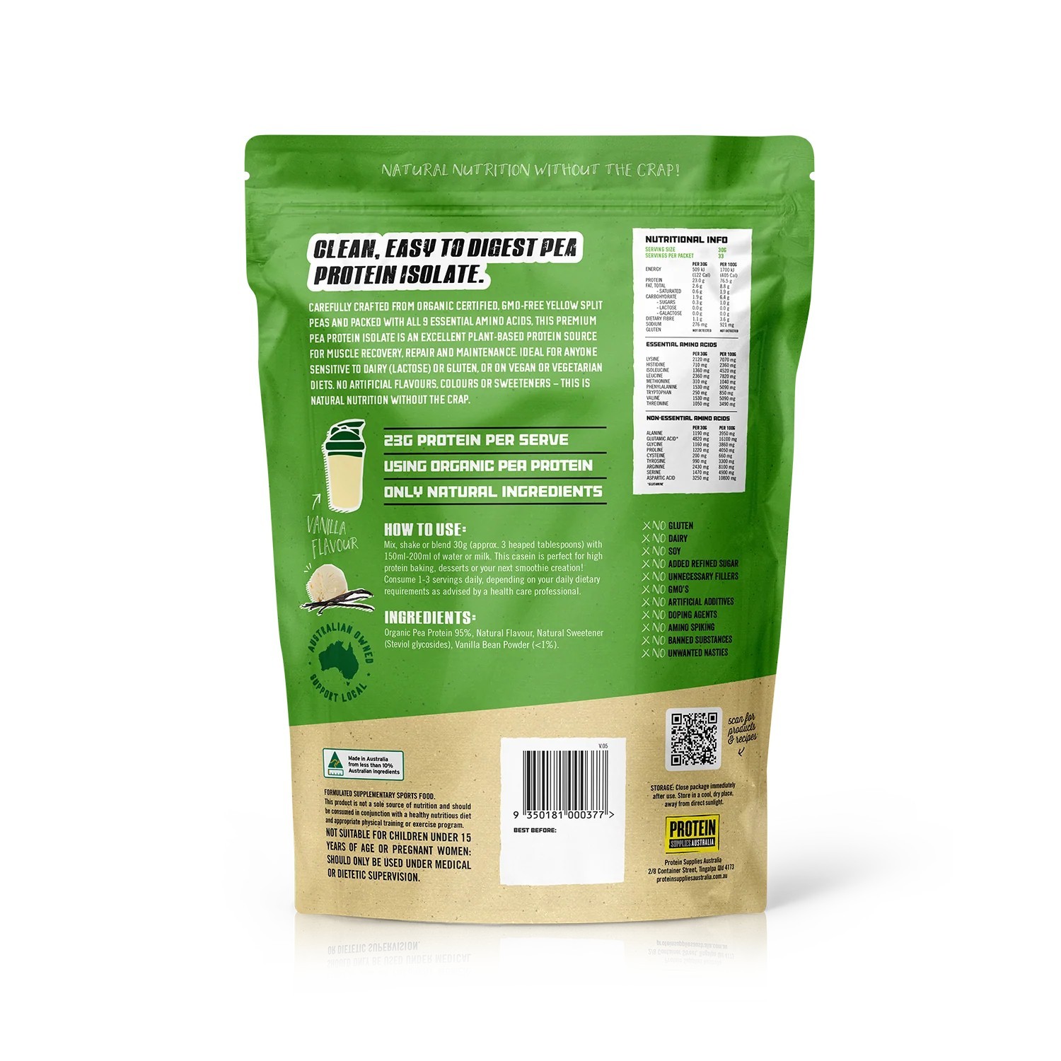 Protein Supplies Australia Protein Pea Pro Vanilla Bean 1KG Organic Pea Protein