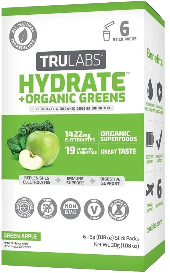 TRULABS Hydrate + Organic Greens 6ct. Sugar Free Electrolytes Hydration Lot of 2