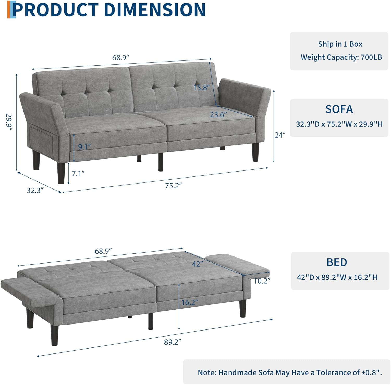 89″ Modern Futon Sofa Bed with Adjustable Backrest & Armrest
