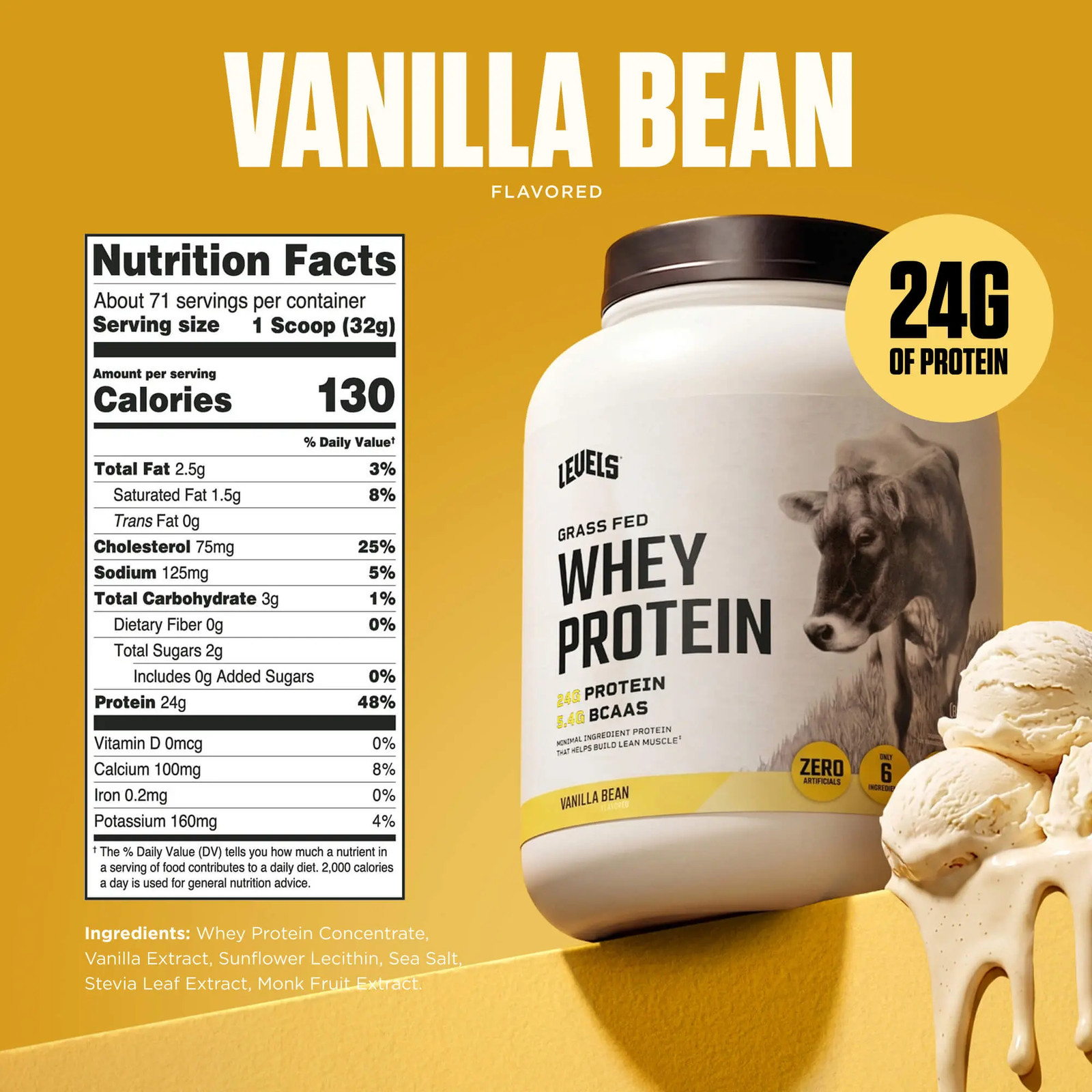 Levels Whey Protein, Grass Fed, No Artificials, 24G of Protein