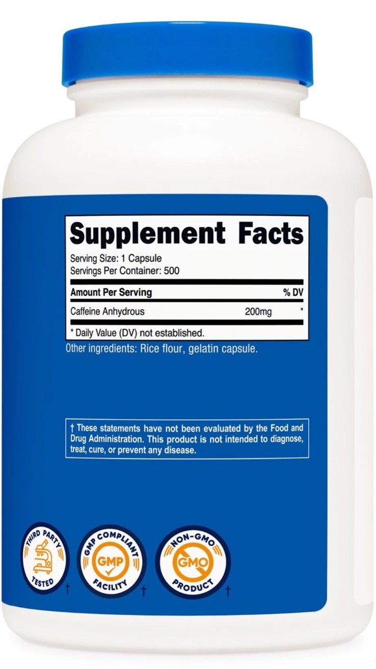 Nutricost Caffeine Pills, 500 Capsules, 500 Servings, 200mg Per Serving