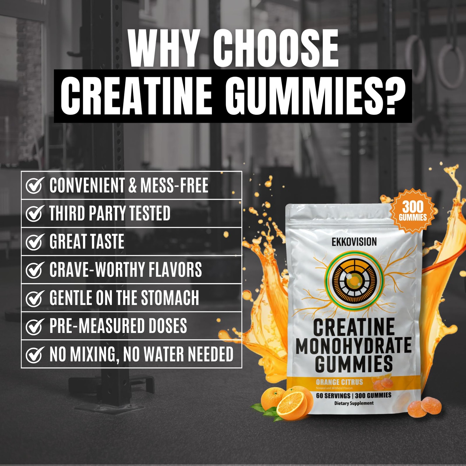 Ekkovision Creatine Monohydrate Gummies for Men and Women, Orange Citrus Flav…