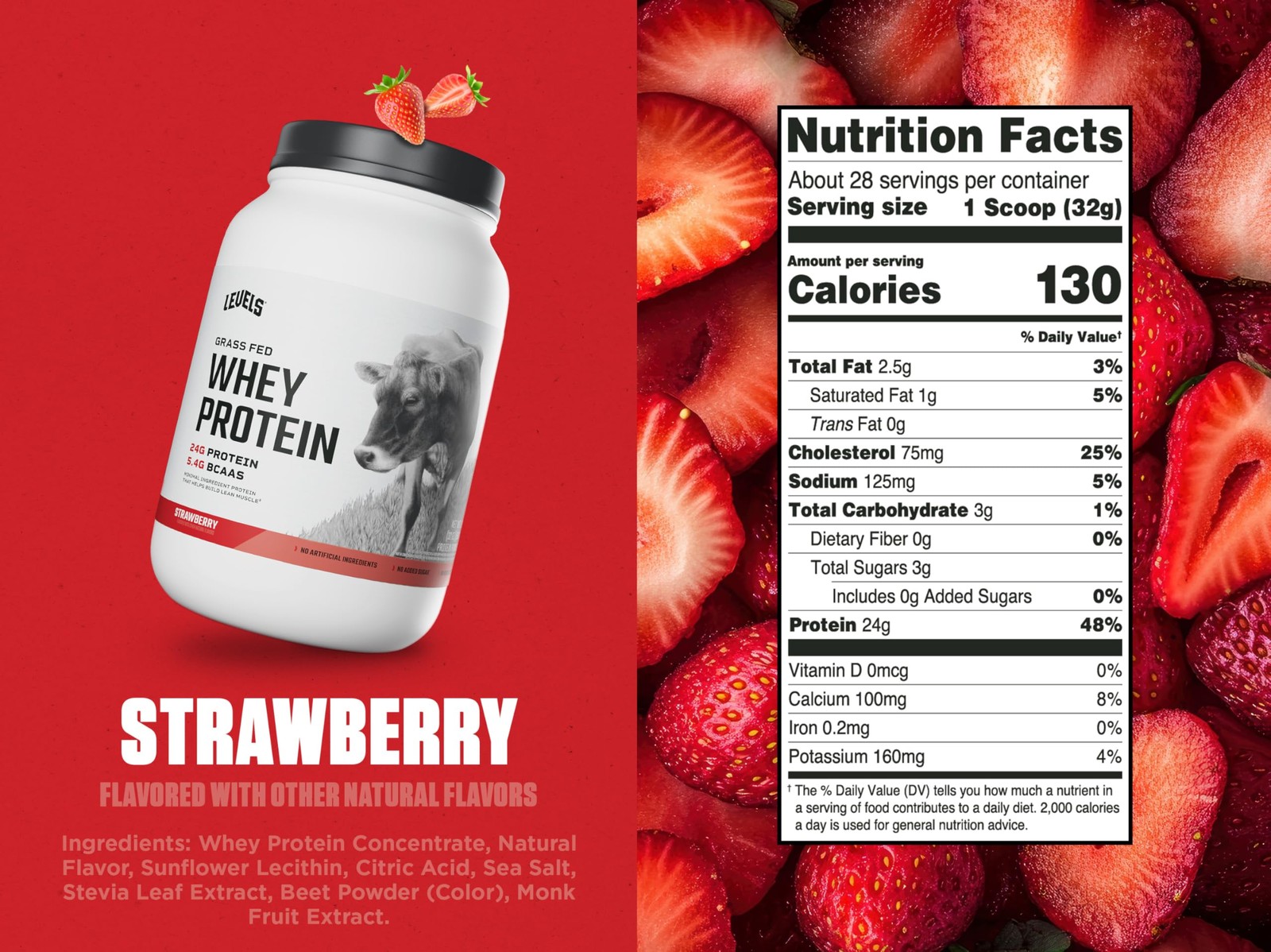 Levels Grass Fed Whey Protein Powder No Artificials 24G of Protein Strawberry…