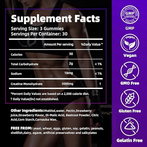 Creatine Gummies 5000mg 90 Count Sugar Free Vegan Strawberry