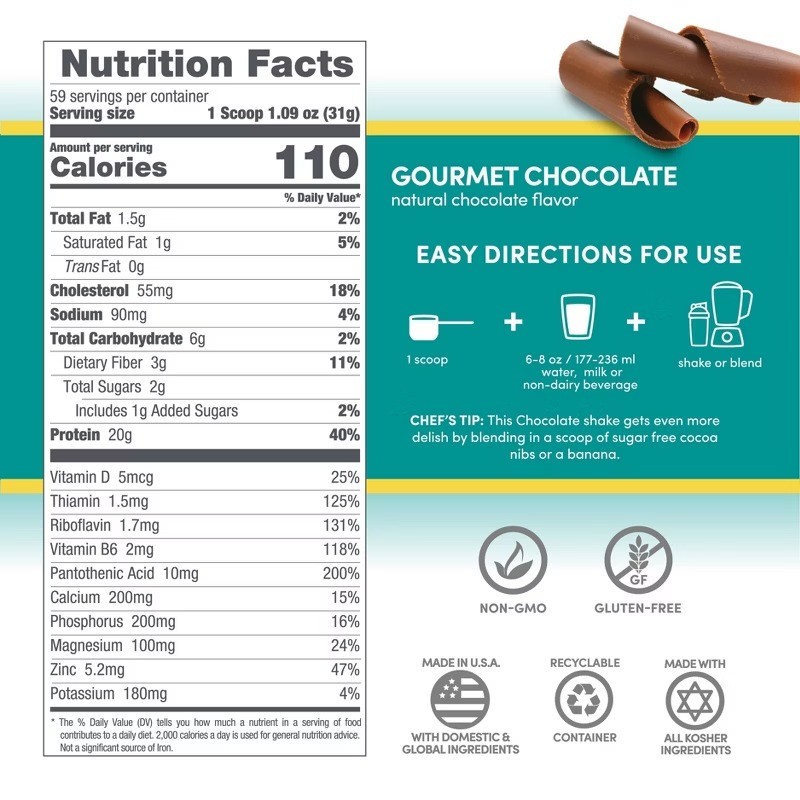 Designer Protein Whey Gourmet Chocolate 64oz, Gluten-Free, Non-GMO, 20g