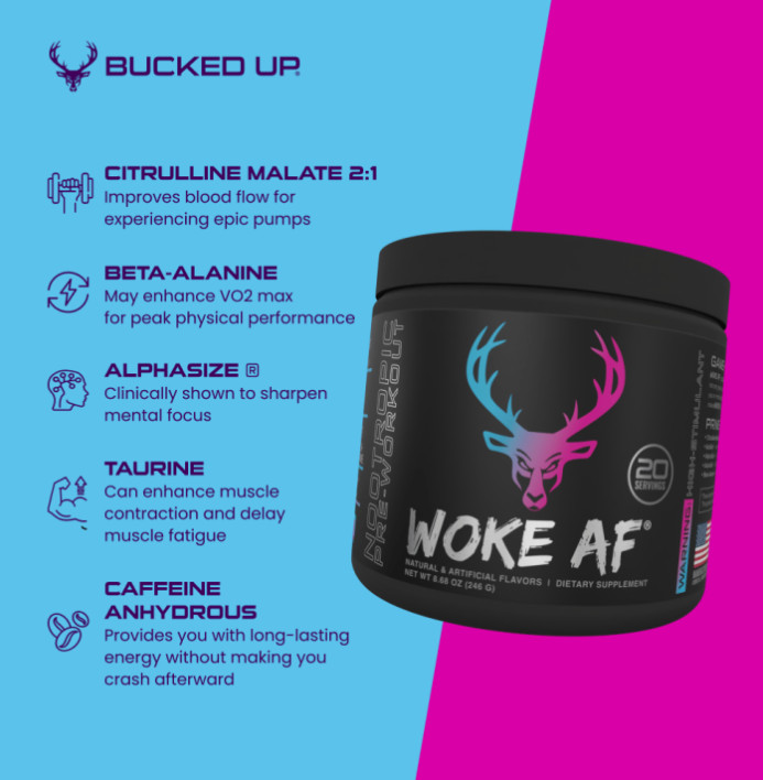 Bucked Up Woke AF Pre-Workout Powder 333mg Caffeine Miami 20 Servings